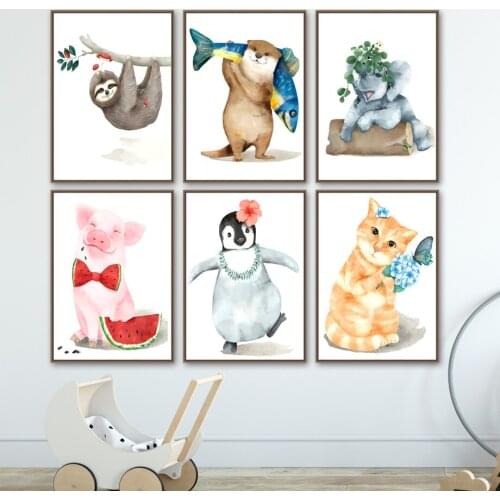 Elephant Sloth Penguin Pig Otter Nursery Wall Art Canvas Painting Nordic Posters And Prints Wall Pictures Baby Kids Room Decor