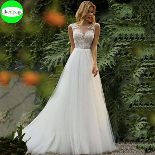 Wedding Dress 2021 Vestidos De Novia Scoop Illusion Sexy Robe Mariage Lace Appliques Bride Gown Trouwjurk Button Back Hochzeit