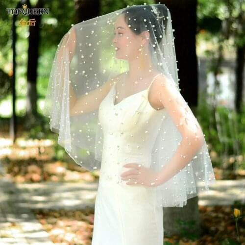 TOPQUEEN V13 Beautiful Waltz Bridal Veil with Pearls Handmade White Ivory Wedding Tulle Fashion Cut Edge Veil for Women