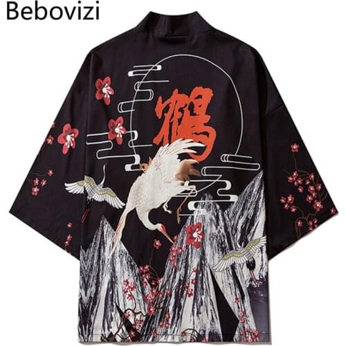 Traditional Kimono New Design Japanese Crane Print Haori Yukata Cosplay Costume Women Men Fashion Casual Top Coat Asian Clothes