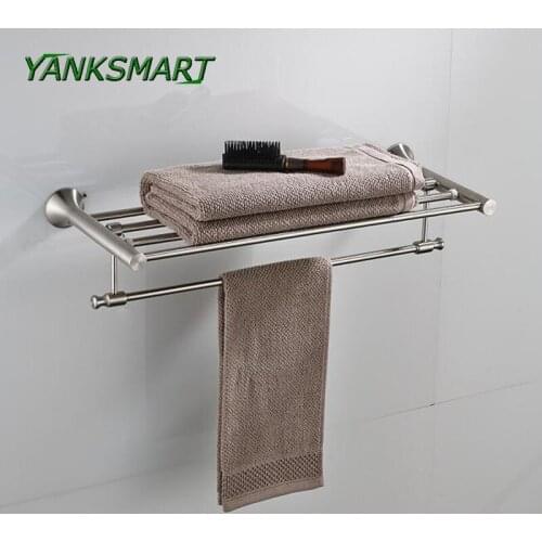 YANKSMART Nickel Brushed Stainless Steel Wall Mount Bathroom Towel Rail Holder Storage Rack Shelf 2 Layers Hardware Accessories