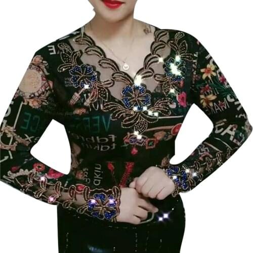 Womens Spring Summer Style Blouses Shirt Womens Elegant Diamonds Long Sleeve V-neck Printed Hollow Out Lace Tops DD8763