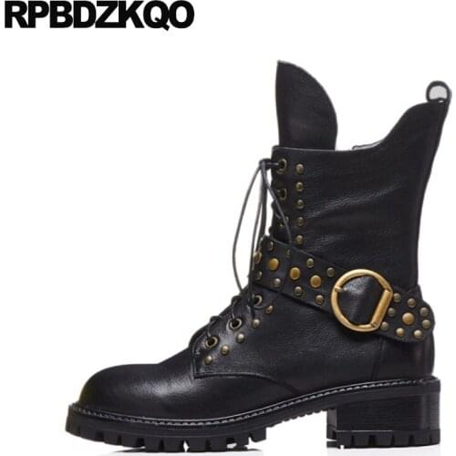 Round Toe Front Lace Up Casual Ankle Boots Autumn Handmade Rivet Metal Black Chunky Stud Women Shoes Biker Motorcycle Size 34