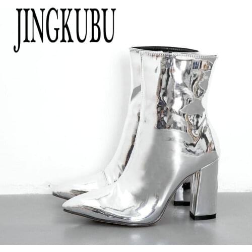 JINGKUBU 9CM Sliver Gold Ankle Sock Boots Woman Chunky High Heels Patent Leather Autumn Sexy Bootie Punk Boot Women Winter Shoes