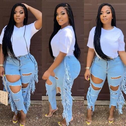 Plus Size Women Jeans Pants Tassel Ripped Skinny Women Jeans Pants Hollow Out Bodycon Streetwear Clothes For Women Outfit