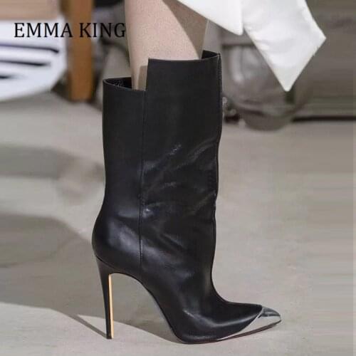 2021 Spring Women Mid Calf Boots Sexy Female Black Faux Leather Knight Boots Ladies Pointy Toe Stiletto Heels Botas De Mujer