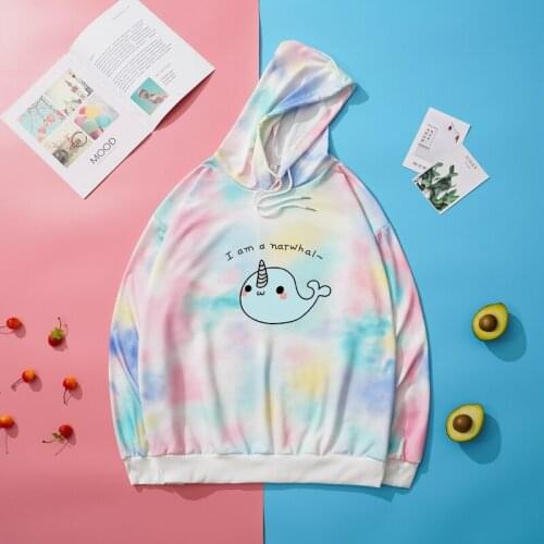 Whale Cartoon Print Hoodies Women Autumn Spring Tie Dyed Sweatshirts Loose Casual Harajuku Kawaii Sudaderas Tops Fashion Clothes