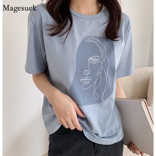Abstract Human Face Printed Women Tops Summer 2021 Women T-shirt Fashion Short Sleeve White Tees O-neck Female Tops 9947