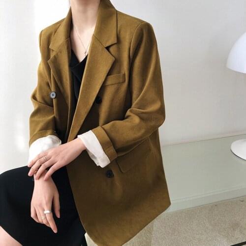 Fashion Olive Green Blazer Women 2021 Autumn Double Breasted Pockets Suits Loose Long Sleeve Lining Jackets Female Coat C024
