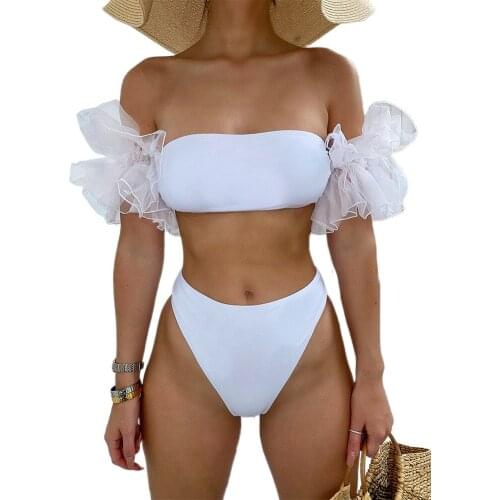 AA Women Bathing Suit Elegant Solid Color Off Shoulder Top with Chest Pad High Waist Set Beachwear Womens Bikinis Sets Biquini