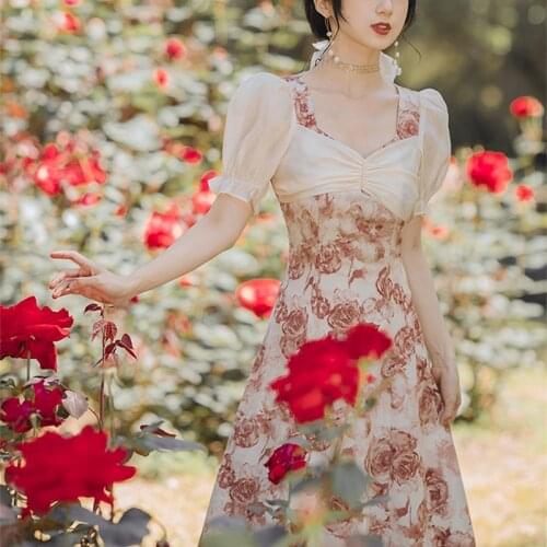 Summer Dress 2021 French Retro Palace Sweet Floral Dress Rose Print Chic Puff Sleeve Square Neck Chiffon Vestidos