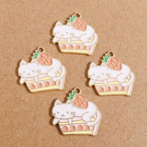 10pcs 25*25mm Cartoon Enamel Cat Charms for Jewelry Making Fruit Strawberry Charms for Necklaces Earrings Pendants DIY Crafts