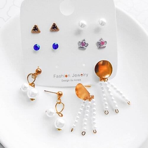 2021 New Design Handmade Pearl Tassel Drop Earrings Womens Korean Jewelry Fashion Geometric Crystal Female Stud Earrings Set