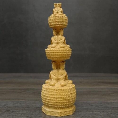 23CM Three-story Buddha Tower Boxwood Statue Three-sided Stupa Sculpture Round Pagoda Dizang Bodhisattva Buddhist Home Decor