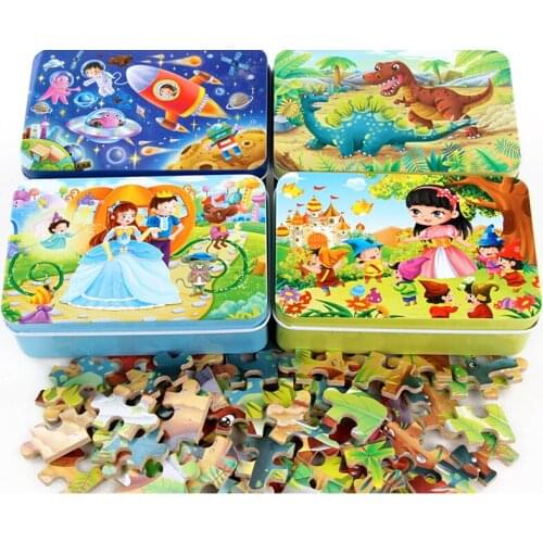 60 Pieces Wooden Puzzle Toys with Iron Box Cartoon Animal Character Wood Jigsaw Educational Toys Children Birthday Toys Gift
