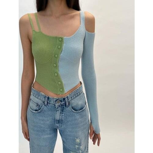 Asymmetrical Suspenders U-Neck Slim-Fit Boutton Knit Vest Top 2021 Summer Fashion Trend Brand Sexy Women Clothing