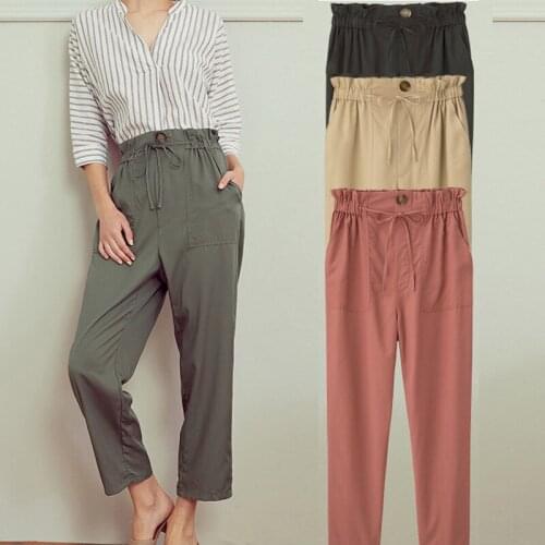 Summer narrow-necked trousers belt lace Paper bag trousers Tall waist trousers black peach beige olive Pure color pants
