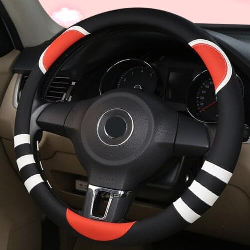 PU Leather Car Steering Wheel Cover Set for Women Girls Pink Cartoon Cute Steering Wheel Cover 38CM/15" Universal Four Seasons