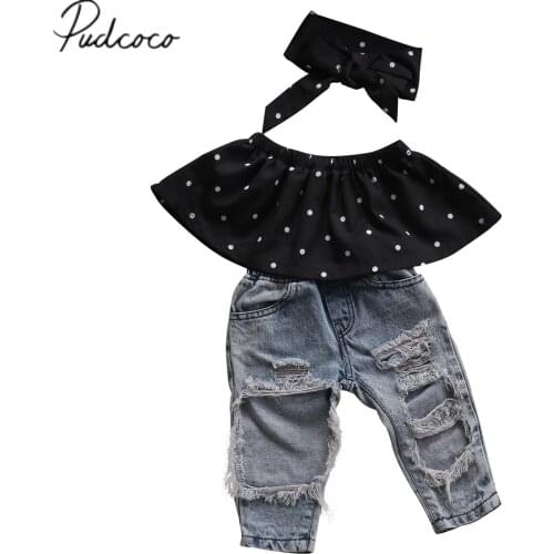 Citgeett Newborn Baby Girls Off Shoulder Dot Wrapped Chest +Bog Hole Jeans Pants Demin Outfits Clothing Set 0-3Y