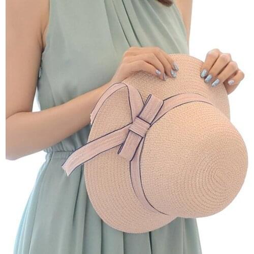 Womens Sun Beach Hats Wide Brim Foldable Packable Straw Hat For Women Girls Unique Windproof Strap Design Bowknot UPF 50