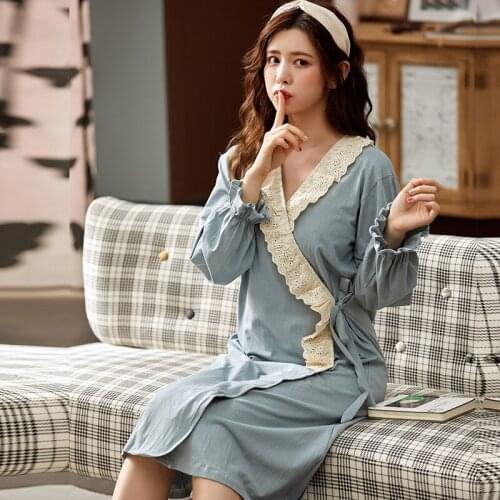 Night gown cotton ladies bathrobe long-sleeve solid color sexy pajamas large size home service simple new arrival kimono robe