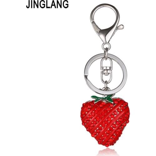 JINGLANG Silver Color Lobster Clasp Keyring Red Crystal Strawberry Charms Keychains For Women Luxury Handbag Pendants Jewelry