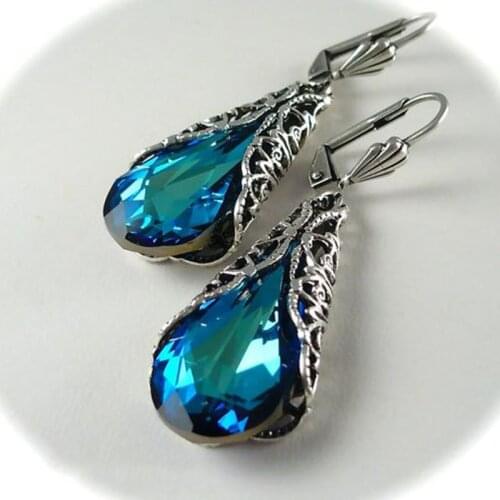 Classic Vintage Big Blue Water Drop Zircon Earring Fashion Bohemian Hollow Long Earrings for Womens Gift Dangle Earrings