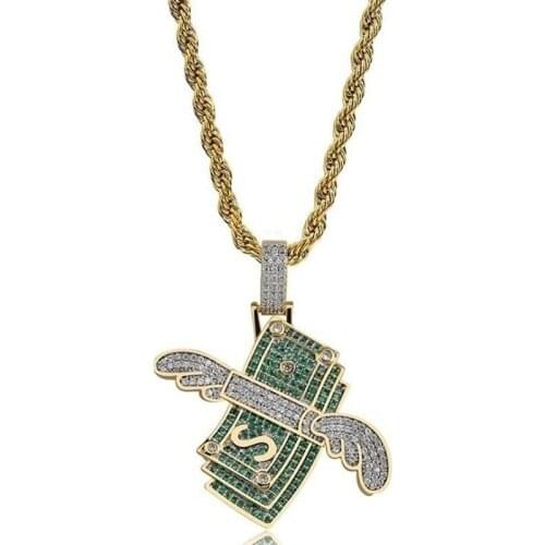 Fashion Creative Design Winged Dollar Zircon Pendant Necklace Mens Rock Hip Hop Party Jewelry