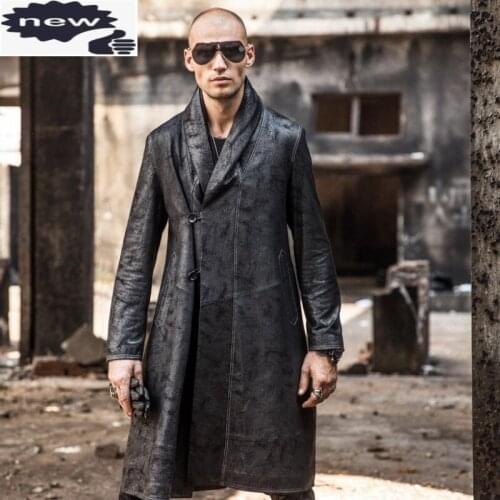 2021 Winter New Men Long Sheepksin Genuine Jacket Loose Fit Trench Coat Gothic Man Military Midi Real Leather Overcoat