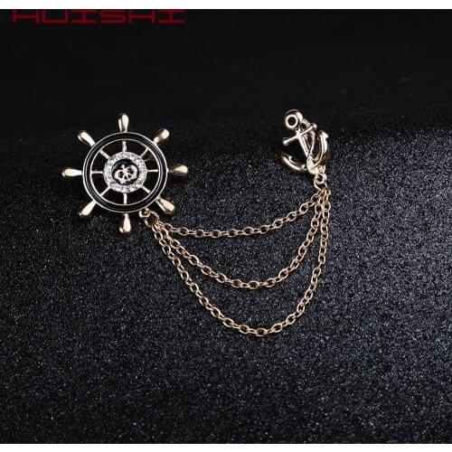 HUISHI Cheap Brooch Korean Style Retro Crystal Rudder Brooch Pin Tassel Chain Suit Shirt Badge Collar Lapel Pin For Men Women
