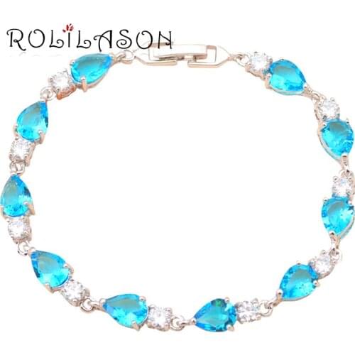 ROLILASON romantic Water drop shaped sea water blue Zircon charm bracelets Silver Fashion jewelry gift for girlfriend TB453