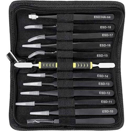 New Arrival Tweezers 12 Pieces ESD Tweezers Tools Kit Anti-static Non-magnetic Stainless Steel Multi-standard with Storage Bag