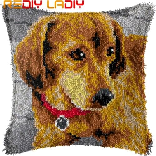 Latch Hook Cushion Puppy Teckel Pillow Case Pre-Printed Color Canvas Acrylic Yarn Latched Hook Pillow Crochet Cushion Cover Kits