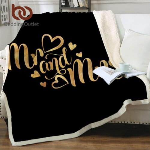 BeddingOutlet Luxury Sherpa Blanket For Couple Romantic Letter Plush Bedspread Mr and Mrs Golden Custom Blanket Valentines Koce