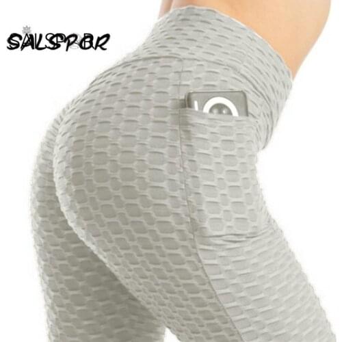 SALSPOR Workout Sports Leggings Women High Waist Belt Pocket Leggings Mujer Sexy Push-Up Bubble Pants Gym Sportswear
