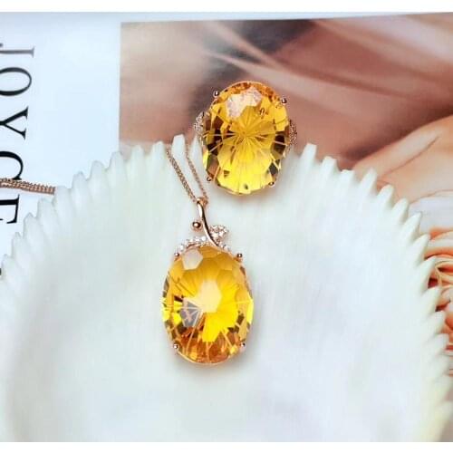 Big sizeyellow citrine jewelry set including ring necklace real 925 silver big birthday party gift ornament bright yellow