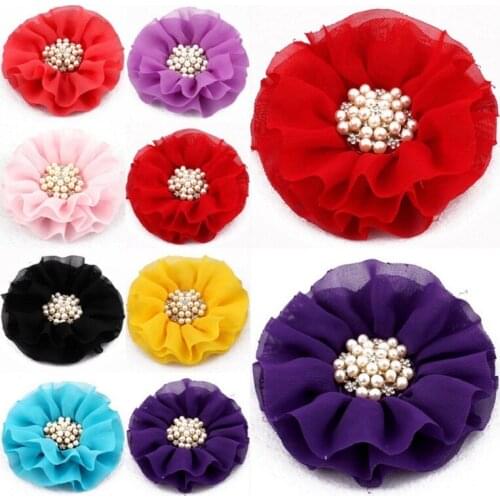 10pcs/lot 4" 15colors Hair Clips Ruffled Chiffon Flowers+Rhinestone Buttons For Hair Accessories Fabric Flowers For Headbands