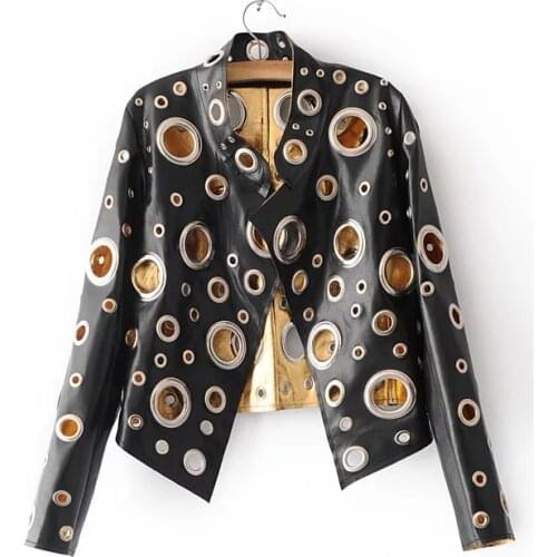 2021 New Women Fashion Slim Stand Collar Long Sleeve Metal Ring Patchwork Hollow Out PU Leather Jacket Spring Autumn X383