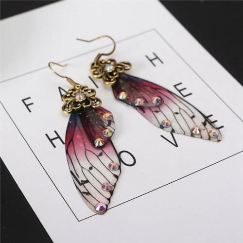 Femme Wing Drop Earrings plastic Fairy Tale Cicada Wings Earrings Rhinestone Purple Earrings Vintage Jewelry