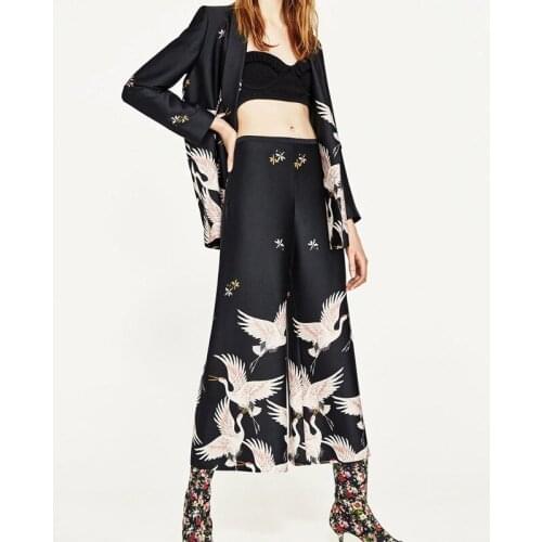TEELYNN Black Crane Print Suit For Women Pants Set 2 Piece Set Vintage Long Sleeve Jacket Wide Leg Pants Autumn Blazer Suits
