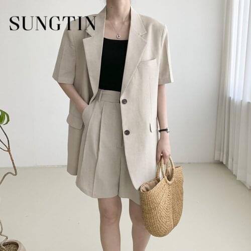 Sungtin Office Lady Two Piece Set Blazer Women Summer Vintage Korean 2 Piece Set Female Short Sleeve Loose Blazer and Shorts New