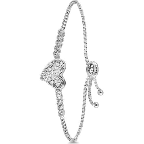 Womens Silver Zircon Stone Adjustable Heart Bracelet
