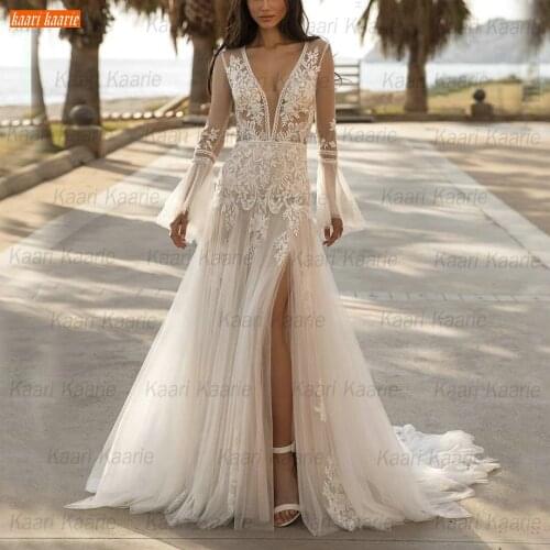 Tulle A Line Wedding Gowns 2021 vestido de novia Long Flare Sleeves Lace Appliqued свадебные платья Custom Made Bridal Dresses