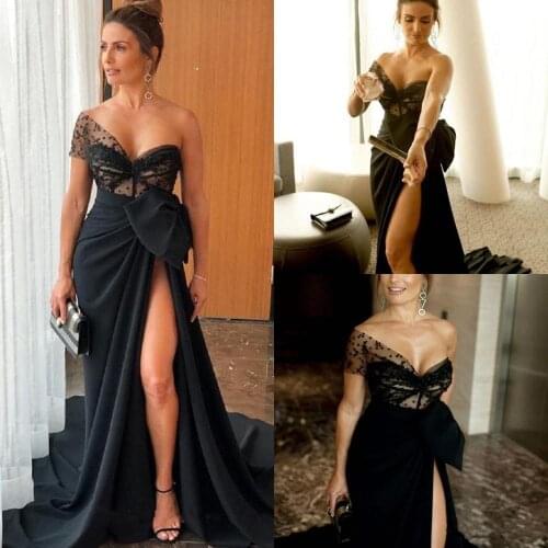 YiMinpwp Black Mermaid Evening Dresses One Shoulder Thigh-High Slits Pleats Big Bow Beads Women Celebrity Party Gowns