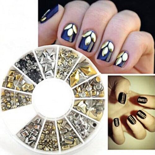 400pcs/Wheel-Nail Stud Rhinestones Gems ,3D Nail Art Decortions Metal Stones,12 Shapes Gold Flat-Back Studs Manicure Rhinestones