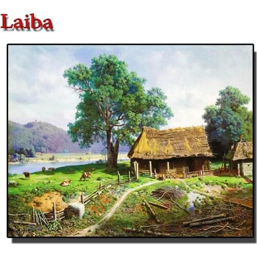 Diy Diamond Painting Landscape Village farm House Diamond Embroidery Full Round Mosaic cow tree lake natural Decoration Needle