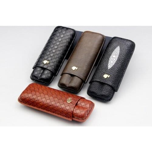 COHIBA High Grade Portable 2 Tubes Cigar Humidor Box Cigare Gadgets Travel Outdoor Leather Cigar Case Holder With Gift Box