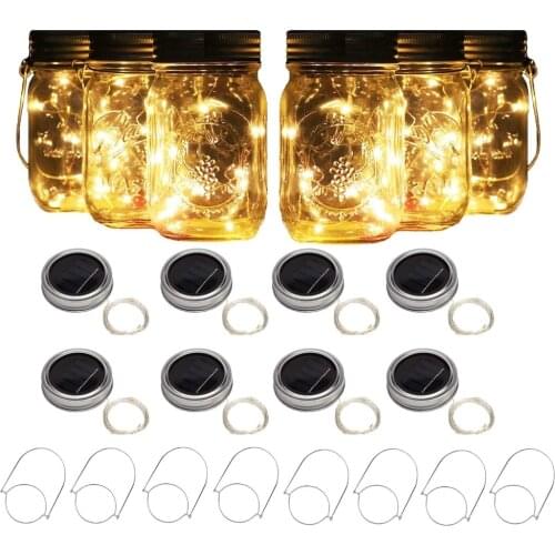8 Pack Solar Mason Jar Lights with 8 Handles,10 Led String Fairy Firefly Lights Lids Insert for Regular Mouth Jars Garden decor