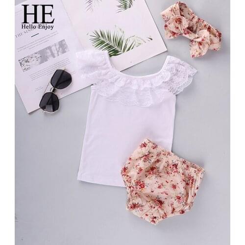 HE Hello Enjoy Baby Girl Clothes 2020 Summer Newborn Clothing Set Sleeveless White Lace Top+Floral Shorts+Headband Toddler 3pcs