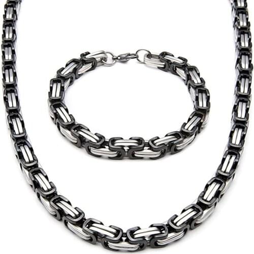 Stainless Steel Men Basic Cubic Square Byzantine Necklace Bracelet Jewelry Set 4MM 5MM 6MM 8MM Wide Franco Curb Solid Metal